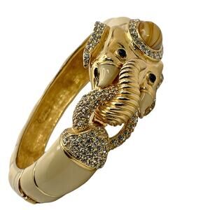 Vintage CINER White Enamel Metal Elephant Jeweled Clamper Bracelet